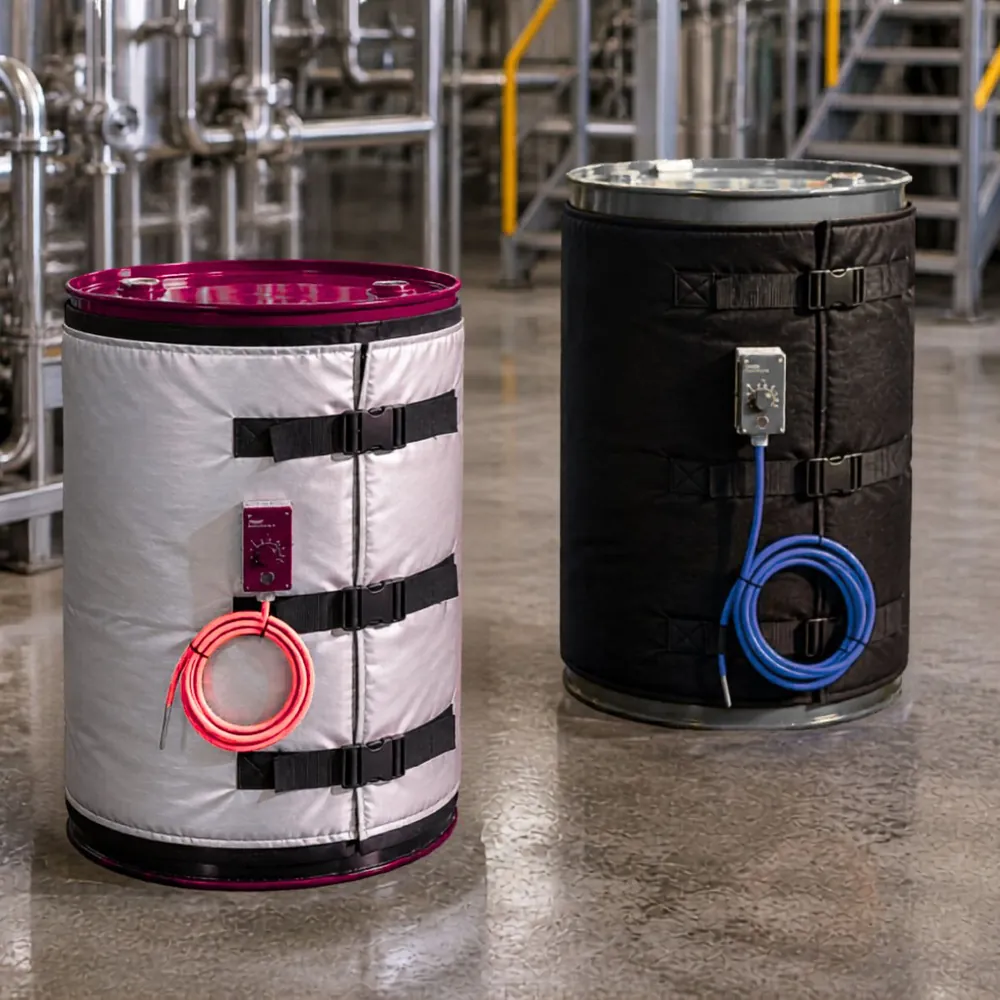 Silicone drum case heater jacket on industrial barrels — Elmat Srl