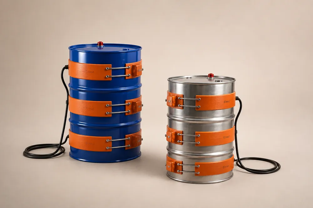 Flexible silicone drum heater on industrial 200L barrel — Elmat Srl